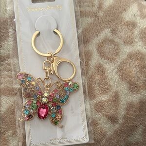 Gold Butterfly Keychain with Multicolored Gems